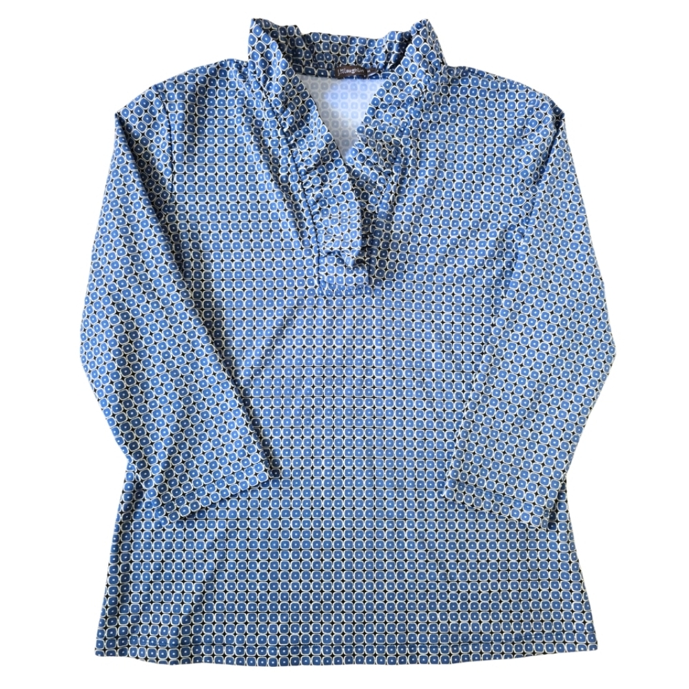 J. McLaughlin Durham Ruffle Neck 3/4 Sleeve Catalina Cloth Shirt Top Medium Blue